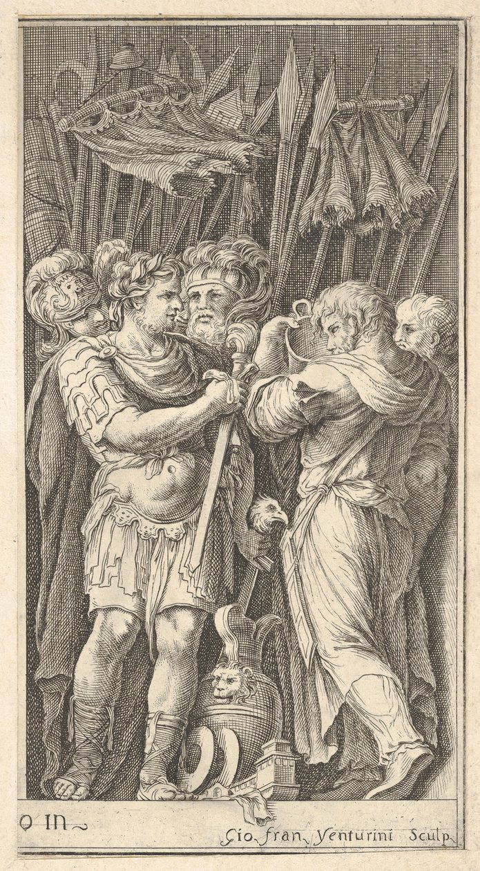 Soldados, um mostrado frontalmente e segurando uma espada, à direita um soldado com sua ba ..., ca. 1650-1700. de Giovanni Francesco Venturini