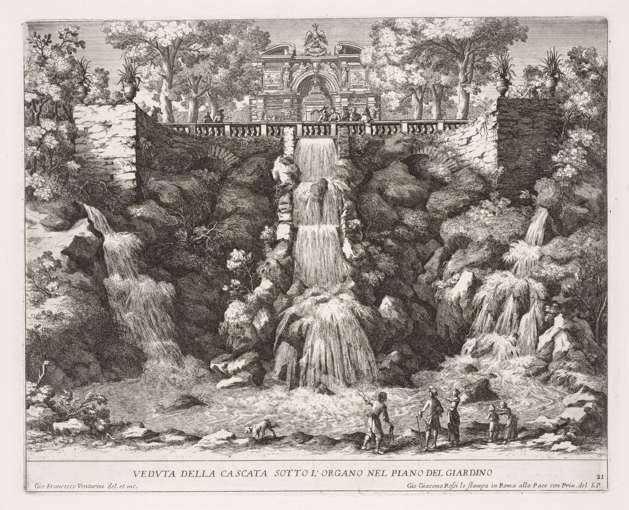 As Fontes de Roma, Livro IV, placa 21: Vista da Cascata abaixo do Órgão do Jardim. de Giovanni Francesco Venturini