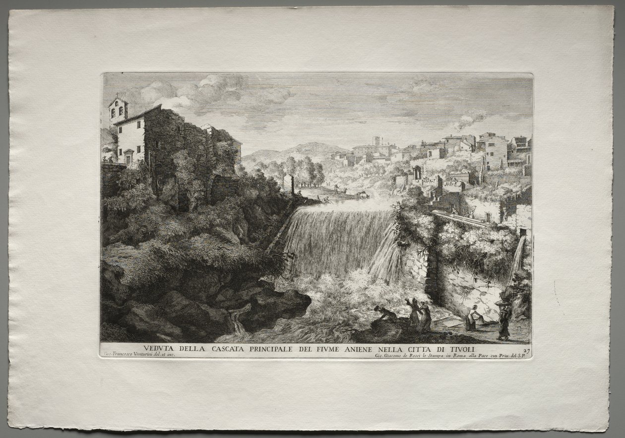 As Fontes de Roma, Livro IV, placa 27: Vista da Cascata Principal do Rio Aniene na Cidade de Tivoli. de Giovanni Francesco Venturini