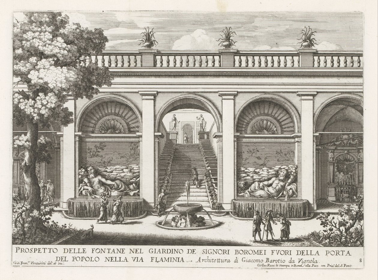 Tuin van een paleis te Rome
Prospetto delle fontane nel giardino de signori Boromei (...) (título sobre o objecto)
Le fontane ne palazzi e ne giardini di Roma (título da série)
Fonteinen in de paleizen en tuinen van Rome (título da série) de Giovanni Francesco Venturini