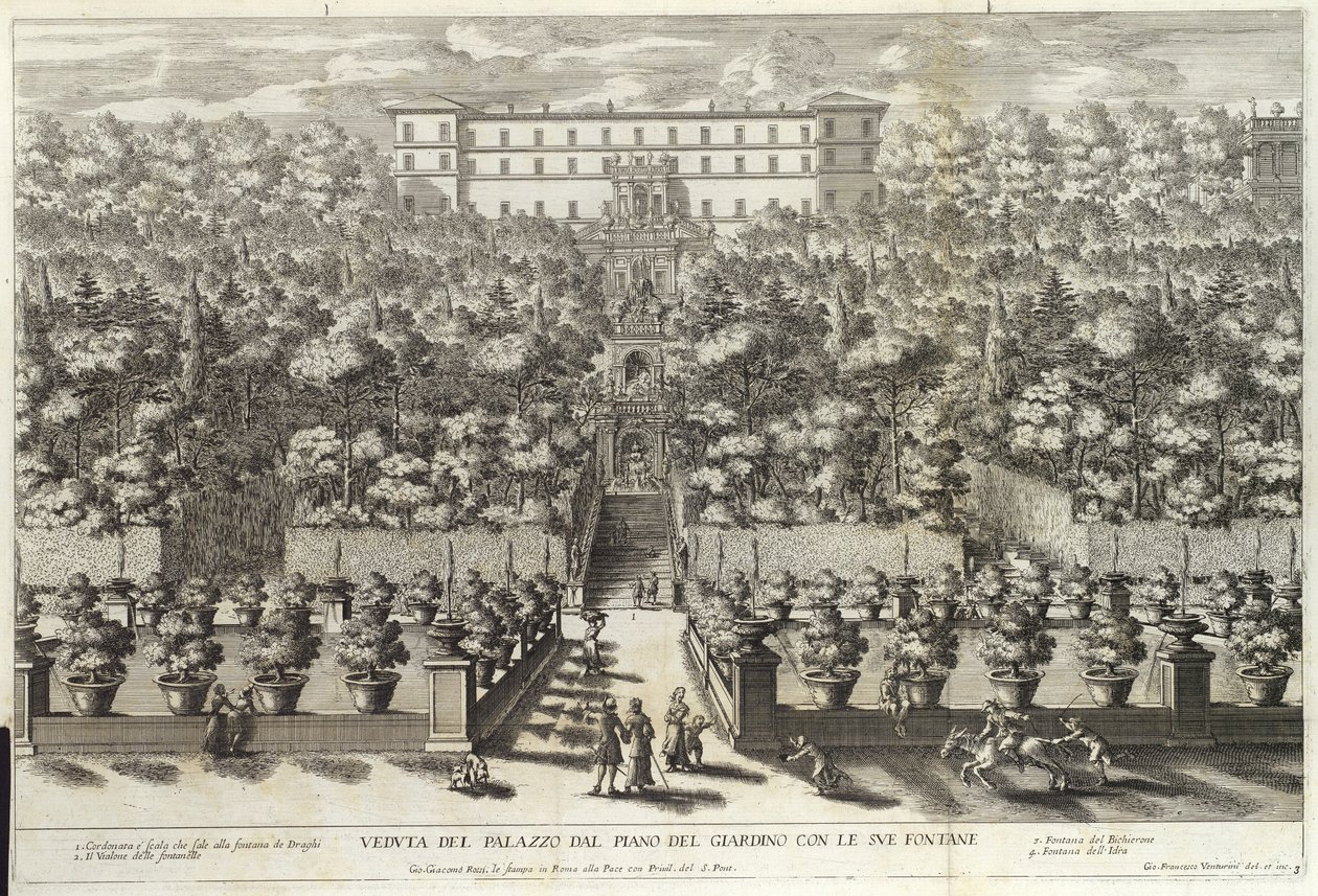 Vista do palácio do plano do jardim com suas fontes, de La Fontane, bar. c 1691 de Giovanni Francesco Venturini