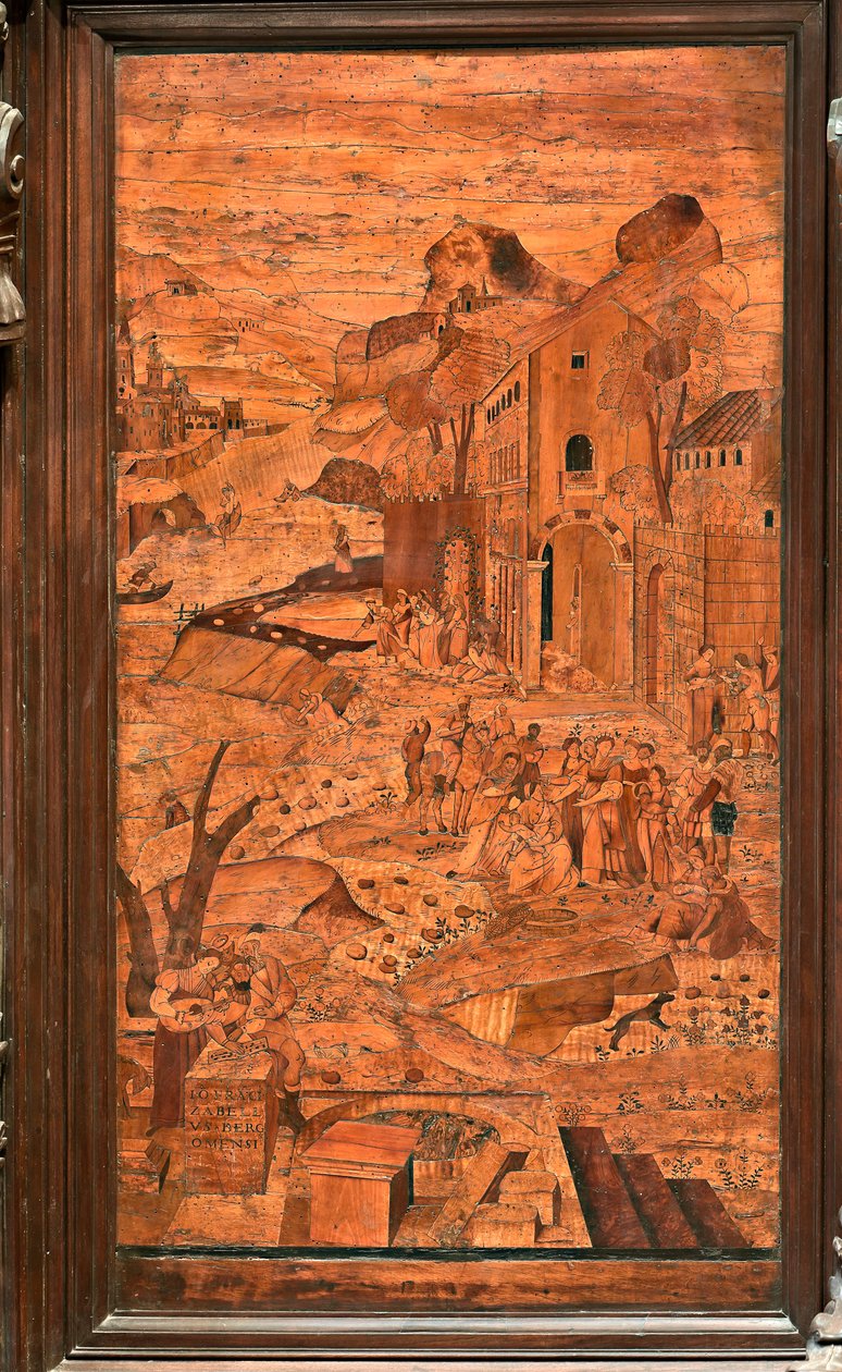 Génova, Duomo (Catedral de São Lourenço), interior, abside, coro, lado norte: "Moisés resgatado das águas", intarsia de madeira de Giovanni Francesco Zambelli (século XVI) de Giovanni Francesco Zambelli