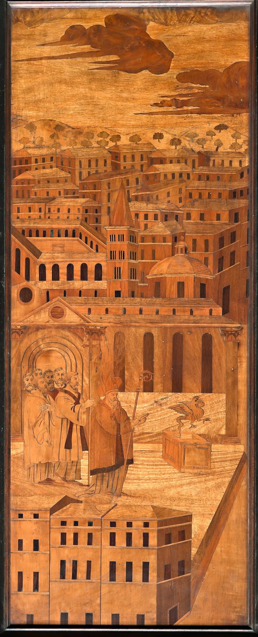Génova, Duomo (Catedral de São Lourenço), no interior, abside, coro, lado norte: "São Siro afasta o basilisco", intarsia de madeira de Anselmo De