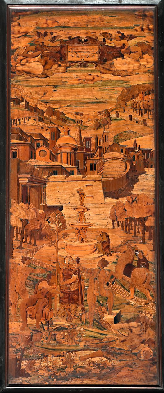 Génova, Duomo (Catedral de São Lourenço), interior, abside, coro, lado sul: "Alegoria", madeira intarsia de Giovanni Francesco Zambelli (século XVI) de Giovanni Francesco Zambelli