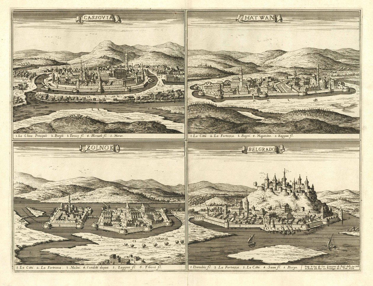 Castelos de Košice, Hatvan, Szolnok e Belgrado (Giovanni Giacomo De Rossi, 1683) de Giovanni Giacomo De Rossi