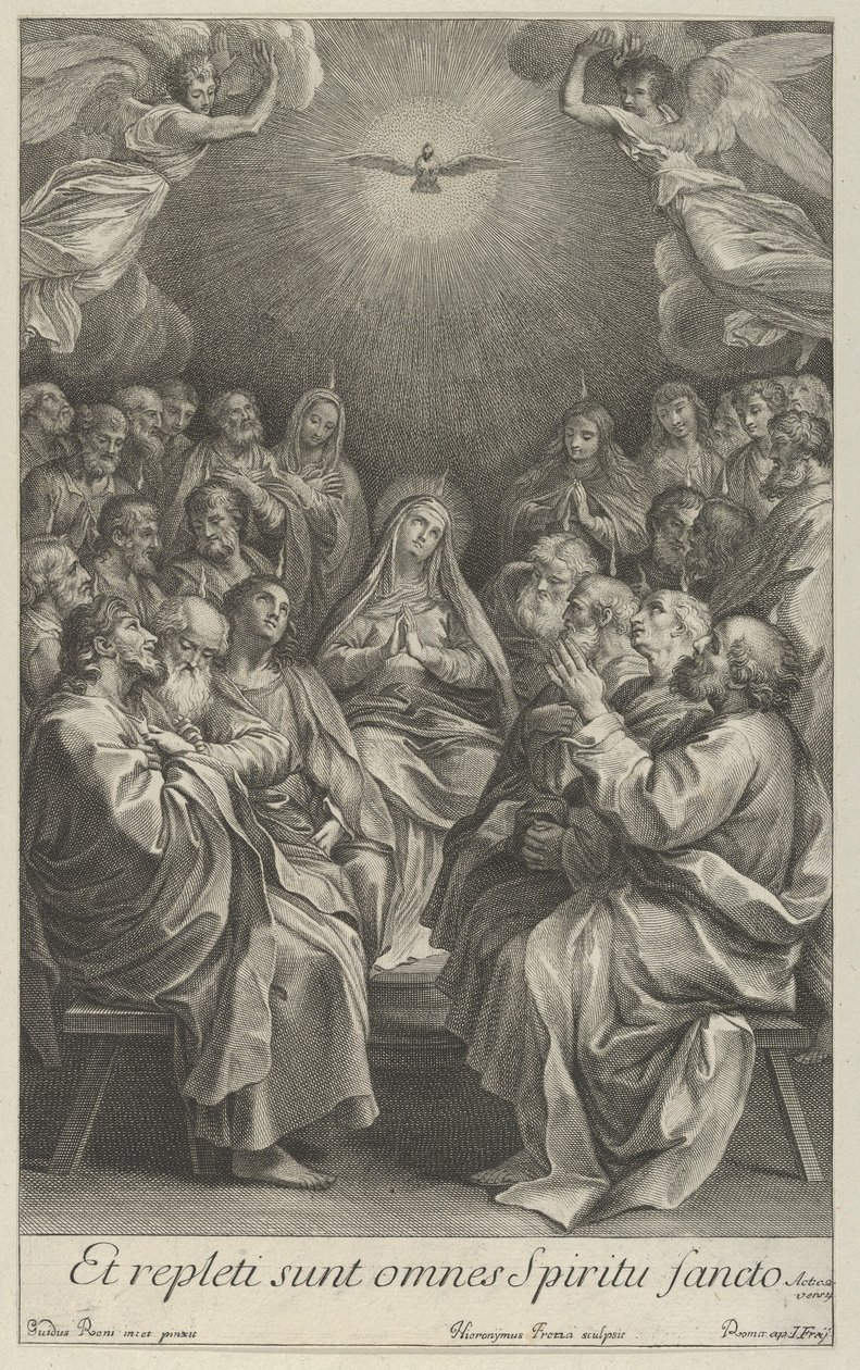 A Virgem com os apóstolos olhando para a Pomba Sagrada e dois anjos, depois de Reni, 1700-50. de Giovanni Girolamo Frezza