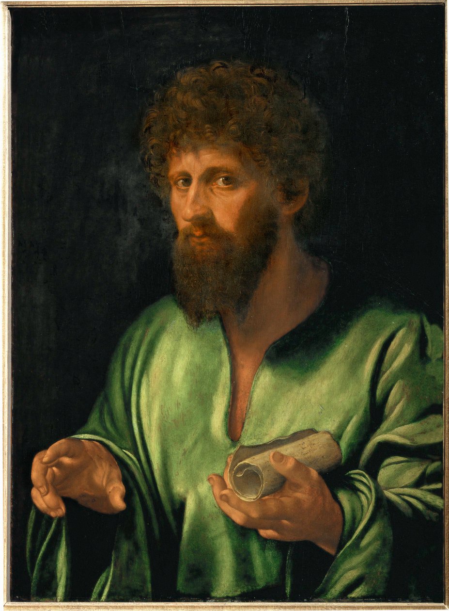 "Um filósofo da Antiguidade, cerca de 1530 Madeira de choupo, 79 x 57 cm Inv (pintura sobre madeira de choupo) de Giovanni Girolamo Savoldo