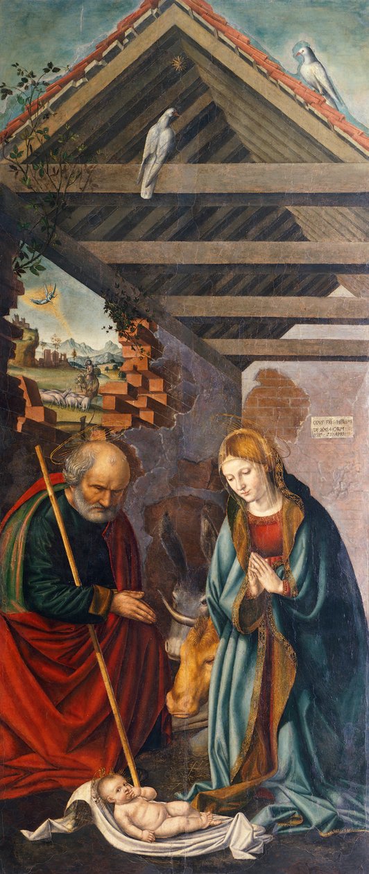 Adoração do Menino, painel central do Tríptico representando a Natividade com os Santos Francisco e Bartolomeu com dois doadores de Giovanni Girolamo Savoldo