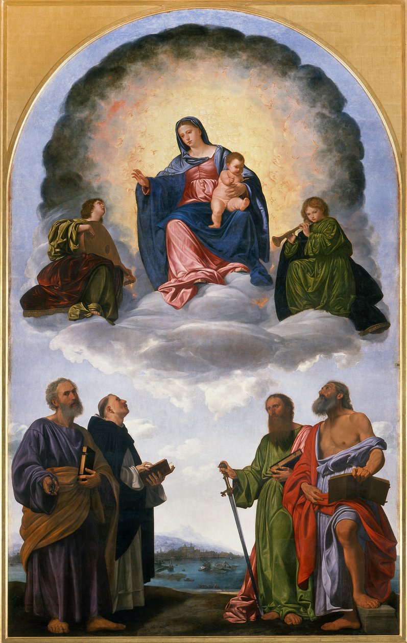 Madonna em Glória com o Menino Jesus, Músicos dos Dois Anjos, São Pedro, São Domingos, São Paulo e São Jerônimo (Retábulo Pesaro) de Giovanni Girolamo Savoldo
