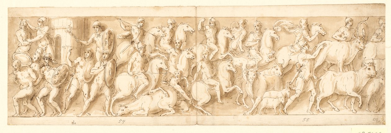 Um assentamento alemão é destruído (final da LXXI); os alemães em fuga são perseguidos (LXXII); Mulheres (não representadas pela Guerra) e animais levados (LXXIII) de Giovanni Guerra