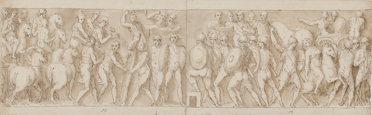 Fim de uma marcha do imperador com seus legionários e guardas (final do XCIII); os romanos construindo um acampamento (início de XCIV); os romanos em marcha com o imperador (XXXV / XXXVI) de Giovanni Guerra