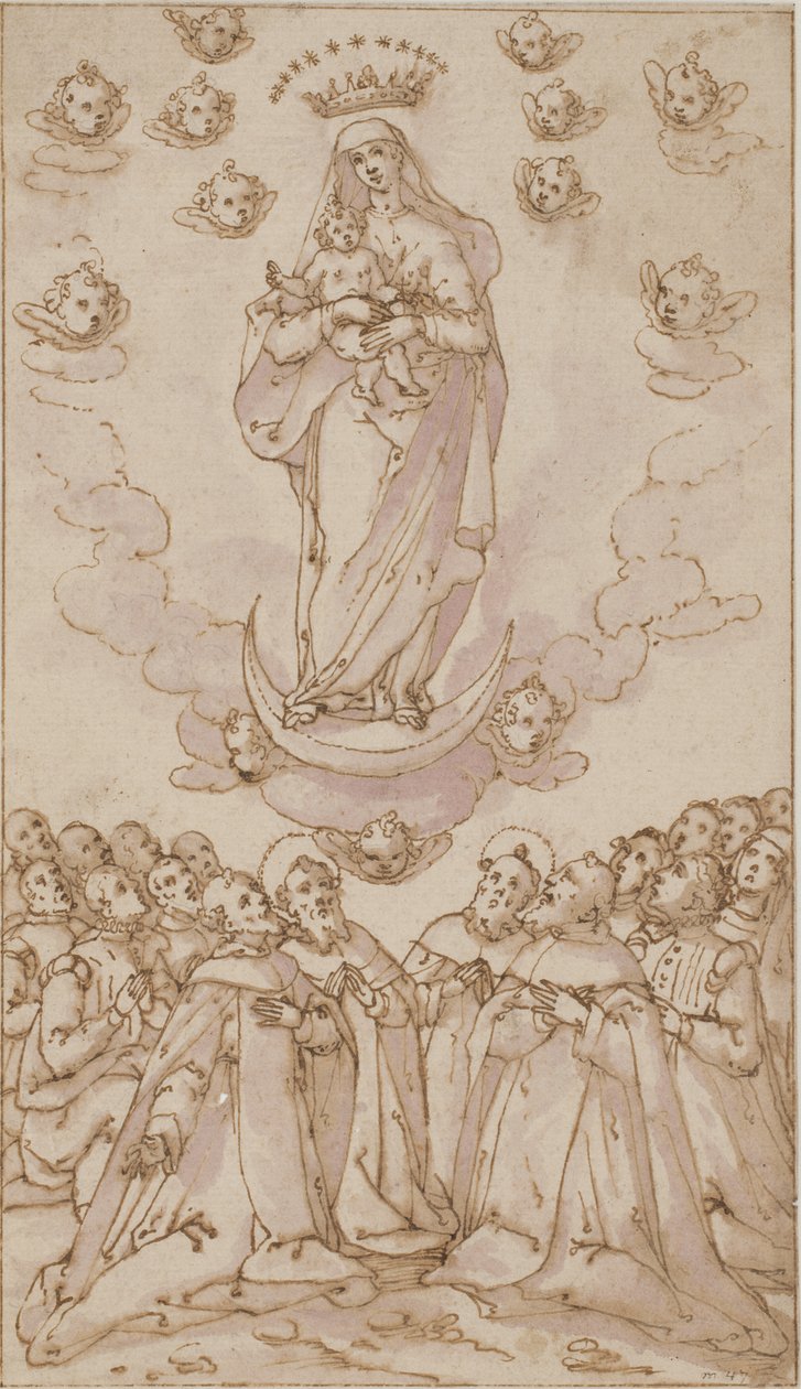 Madonna e criança em uma lua crescente aparecendo para um grupo de santos, padres e leigos de Giovanni Guerra