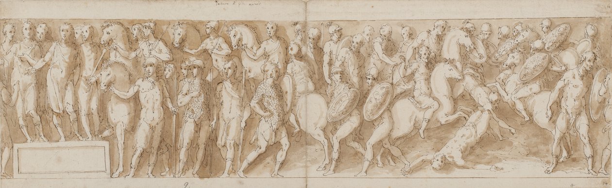 Marcus Aurelius recebendo um relatório da captura das mulheres (LXXXVI); Marco Aurélio chega de uma marcha (LXXXVII); um chefe alemão é levado (LXXXVIII); os últimos homens do chefe caem (de uma ponte que Guerra não reproduziu) (LXXXIX) de Giovanni Guerra