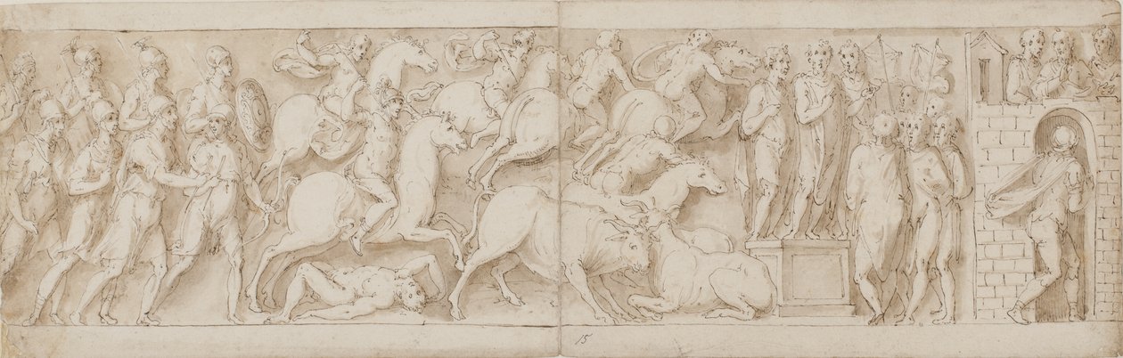 Arqueiros romanos(?), assalto romano (XCIX); Marco Aurélio dirigindo-se a seus guardas (C); Marco Aurélio recebe um aviso (CI) de Giovanni Guerra