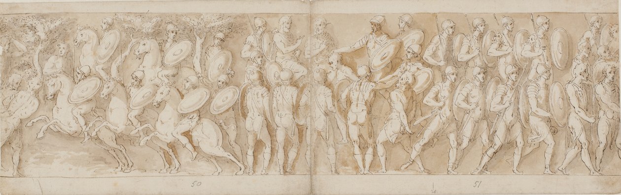 cavalaria romana (LXV); uma cabeça decepada (interpretada como prisioneiro por Guerra) e um prisioneiro alemão são levados perante o imperador (LXVI); Romanos avançando (LXVII) de Giovanni Guerra