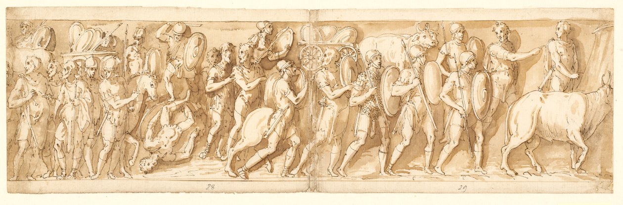 Romanos em marcha (XXXVI); Marco Aurélio, Pompeu e um assistente assistem à marcha (XXXVII); uma parada na marcha (XXXVIII) de Giovanni Guerra