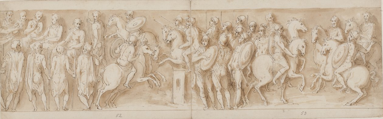 Sármatas antes do concílio imperial (final da LXII, início da LXIII); cercado por guardas, Marco Aurélio e Pompeu a cavalo assistem a uma escaramuça (XC); Nobres alemães trazendo uma mensagem (até meados de XCI) de Giovanni Guerra