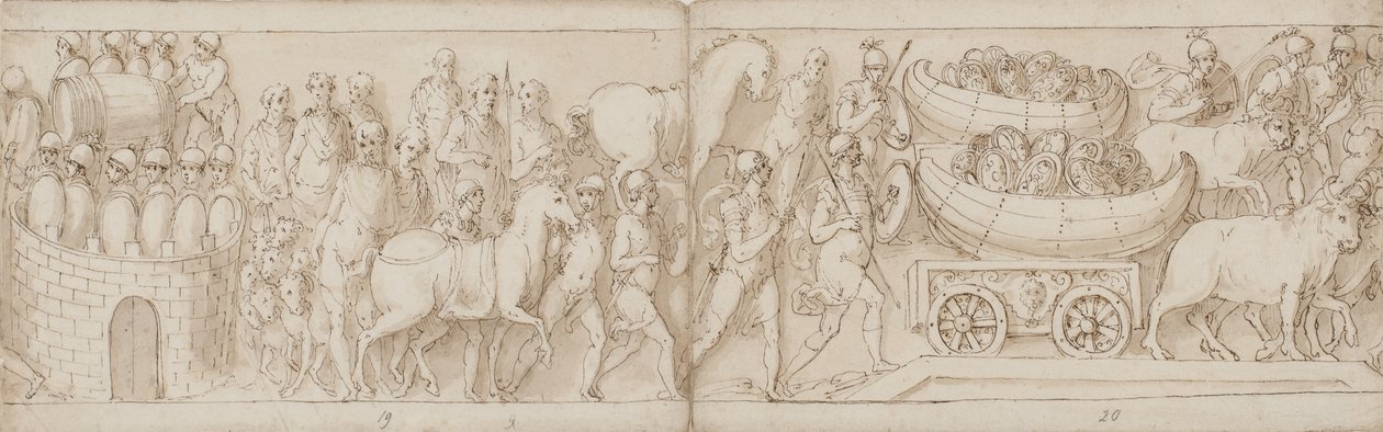 Os romanos sitiados recebem reforços do outro lado (final de CIX, CX), os romanos em marcha com o imperador; escudos em barcos são puxados sobre uma ponte em carros de boi de Giovanni Guerra