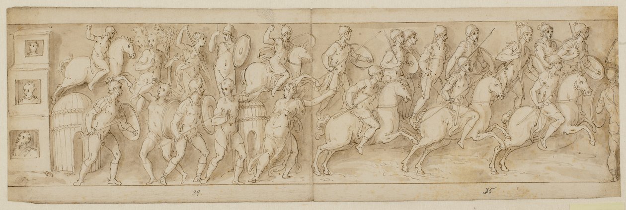 Três liteiras (final do XLII); os romanos atacam a habitação de um chefe (XLIII); os romanos marchando de volta ao acampamento (XLIV) de Giovanni Guerra
