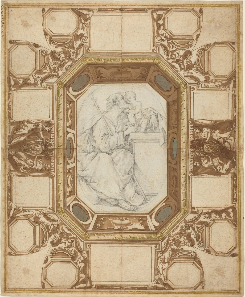 Teto com Figuras Alegóricas e Armas do Papa Sisto V (desenho exterior de Guerra); São José e o Menino Jesus (desenho central de Viani) de Giovanni Guerra and Domenico Maria Viani