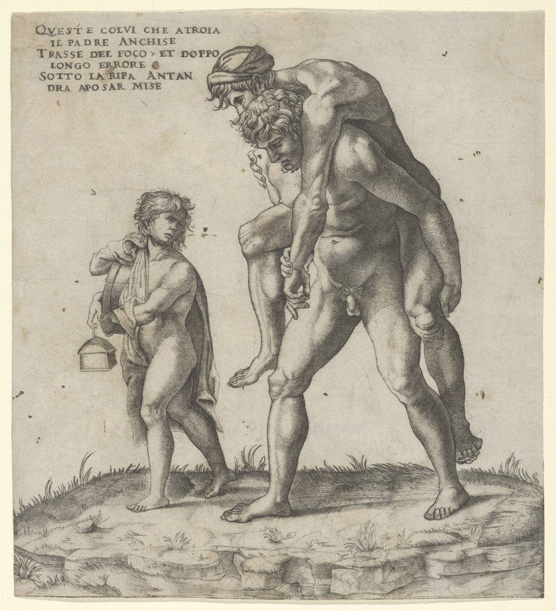 Enéias resgatando Anquises, um menino carregando uma lanterna à esquerda, ca. 1525., c. 1525. de Giovanni Jacopo Caraglio
