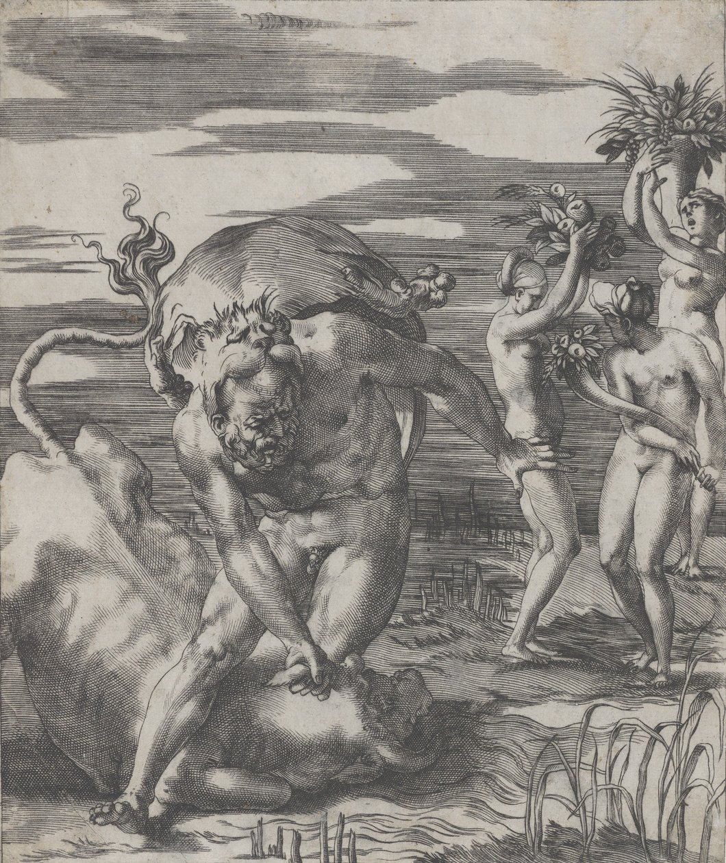 Hércules derrotando o deus do rio Aqueloo na forma de um touro, com três mulheres t..., ca. 1526-27. de Giovanni Jacopo Caraglio