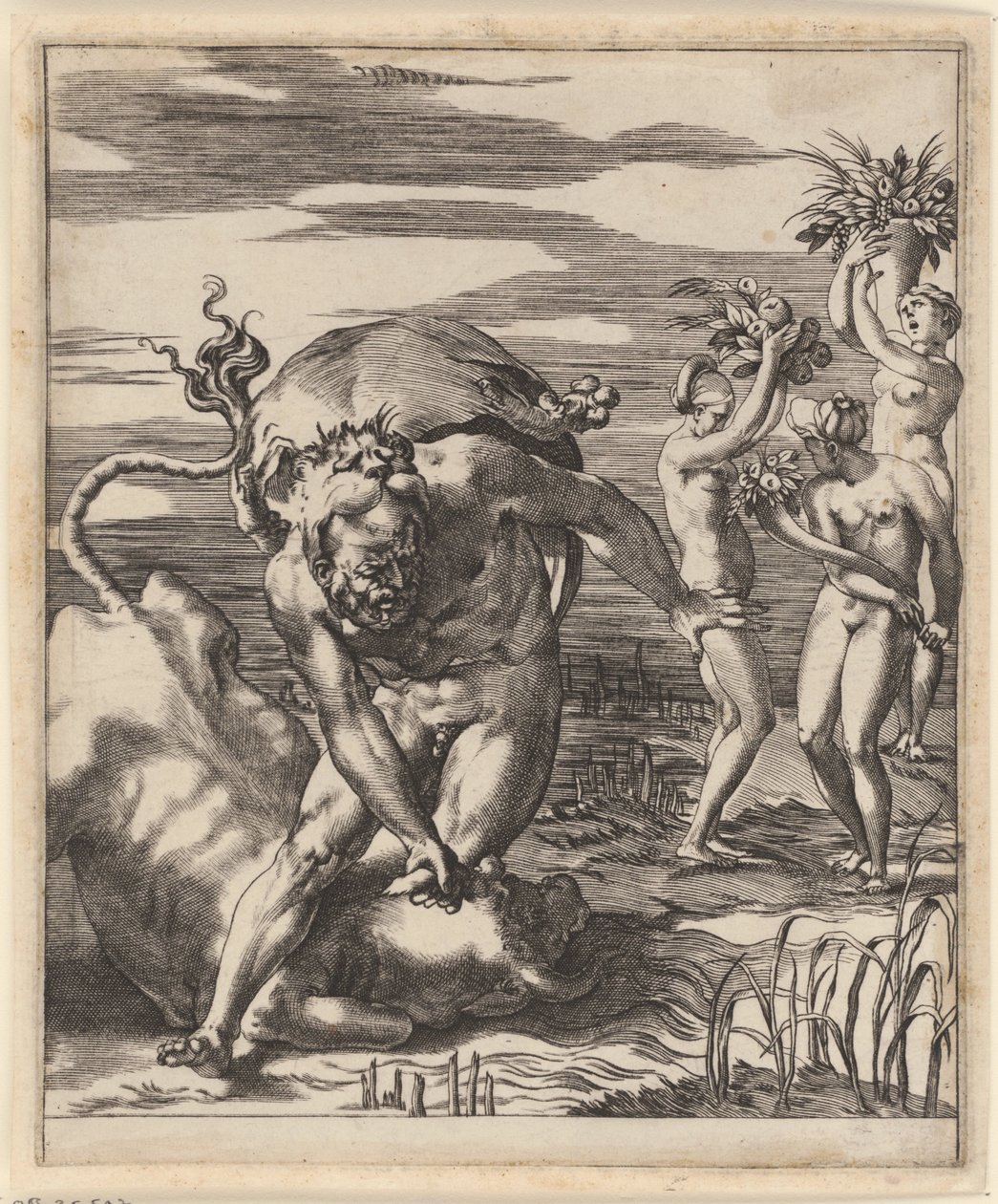 Hércules luta com Aqueloo Cenas com Hércules (título da série) de Giovanni Jacopo Caraglio