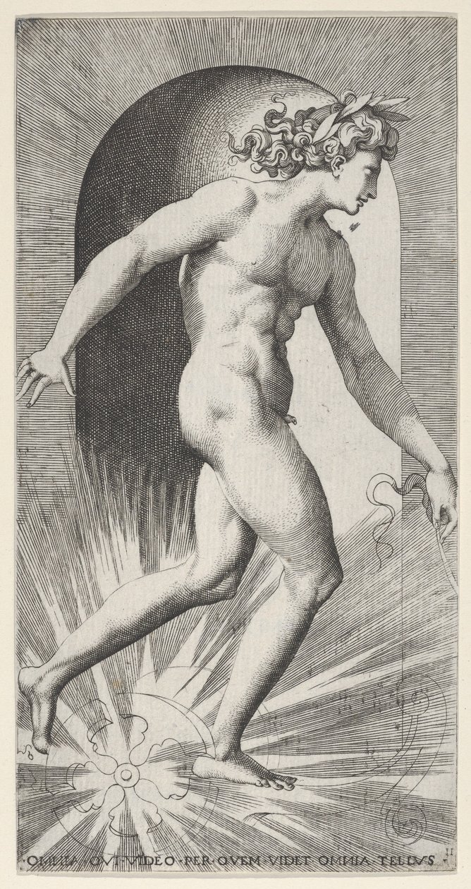 Gravura 11: Apolo montando sua carruagem em um nicho, virado para a direita, de uma série de mitologias..., 1526. de Giovanni Jacopo Caraglio