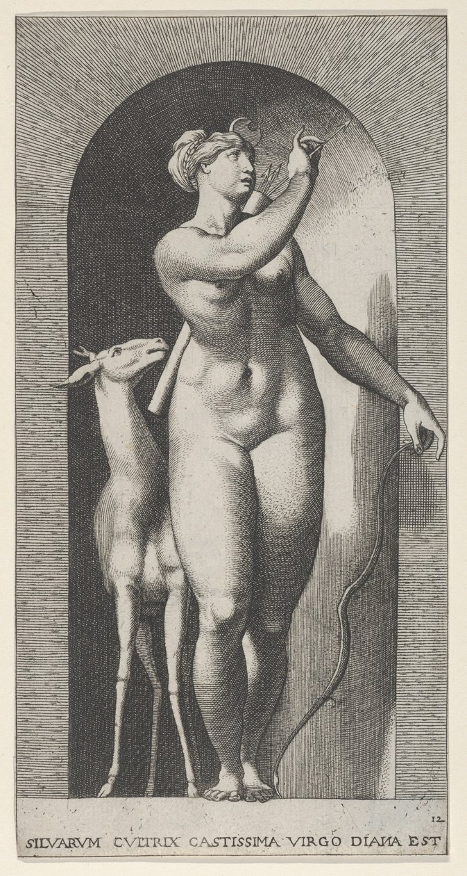 Placa 12: Diana de pé em um nicho, girando para a esquerda e puxando uma flecha de um qu..., 1526. de Giovanni Jacopo Caraglio
