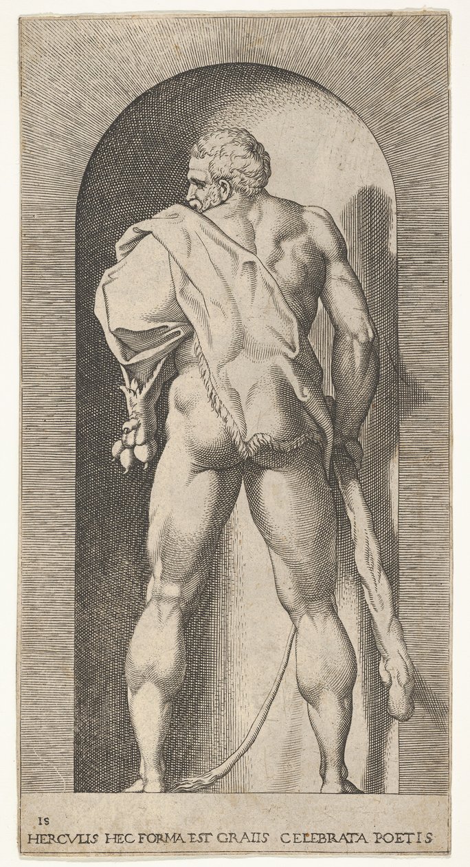 Ilustração 15: Hércules em pé em um nicho, vestindo uma pele de leão e segurando um porrete, visto de ..., 1526. de Giovanni Jacopo Caraglio