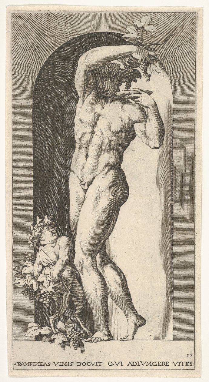 Ilustração 17: Baco em pé em um nicho, segurando uvas sobre um prato, acompanhado de uma infa ..., 1526. de Giovanni Jacopo Caraglio