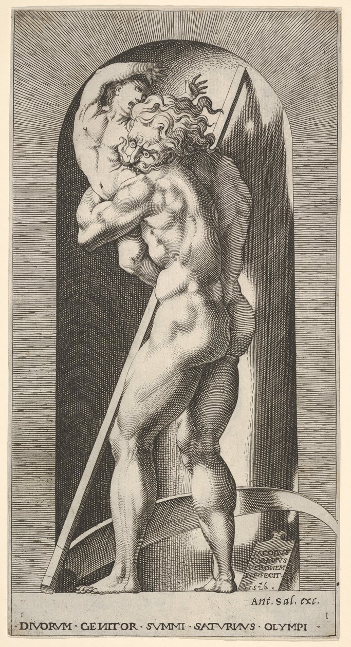 Ilustração 1: Saturno em um nicho que devora seu filho, diante de uma foice, de uma série de m ..., 1526. de Giovanni Jacopo Caraglio
