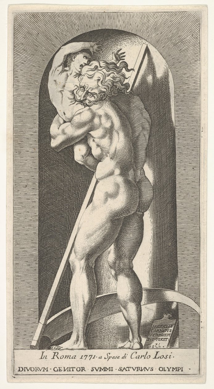 Ilustração 1: Saturno em um nicho que devora seu filho, diante de uma foice, de uma série de m ..., 1526. de Giovanni Jacopo Caraglio
