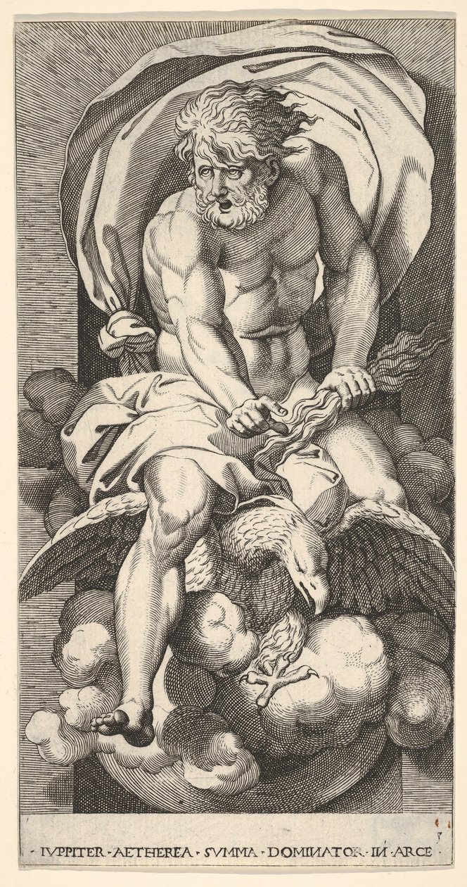Ilustração 3: Júpiter emergindo de um nicho, montando uma águia e segurando um raio em sua l ..., 1526. de Giovanni Jacopo Caraglio