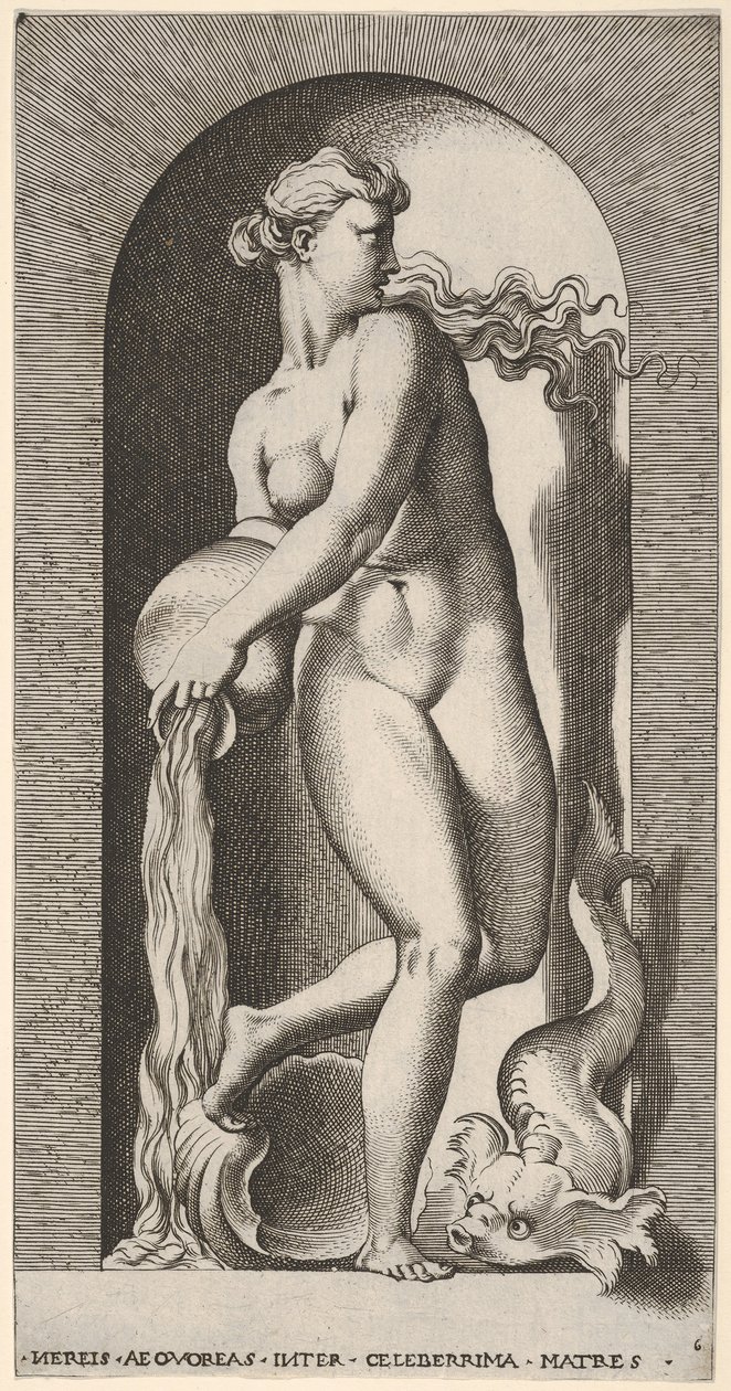 Ilustração 6: Thetis de pé em um nicho com uma concha e criatura marinha, derramando água de um ..., 1526. de Giovanni Jacopo Caraglio
