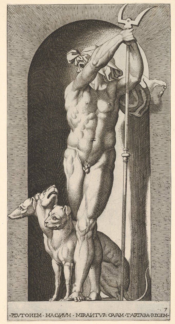 Ilustração 7: Plutão em um nicho, segurando um bidente, com Cerberus ao lado dele, de uma série de m ..., 1526. de Giovanni Jacopo Caraglio