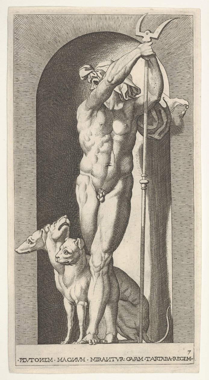 Ilustração 7: Plutão em um nicho, segurando um bidente, com Cerberus ao lado dele, de uma série de m ..., 1526. de Giovanni Jacopo Caraglio