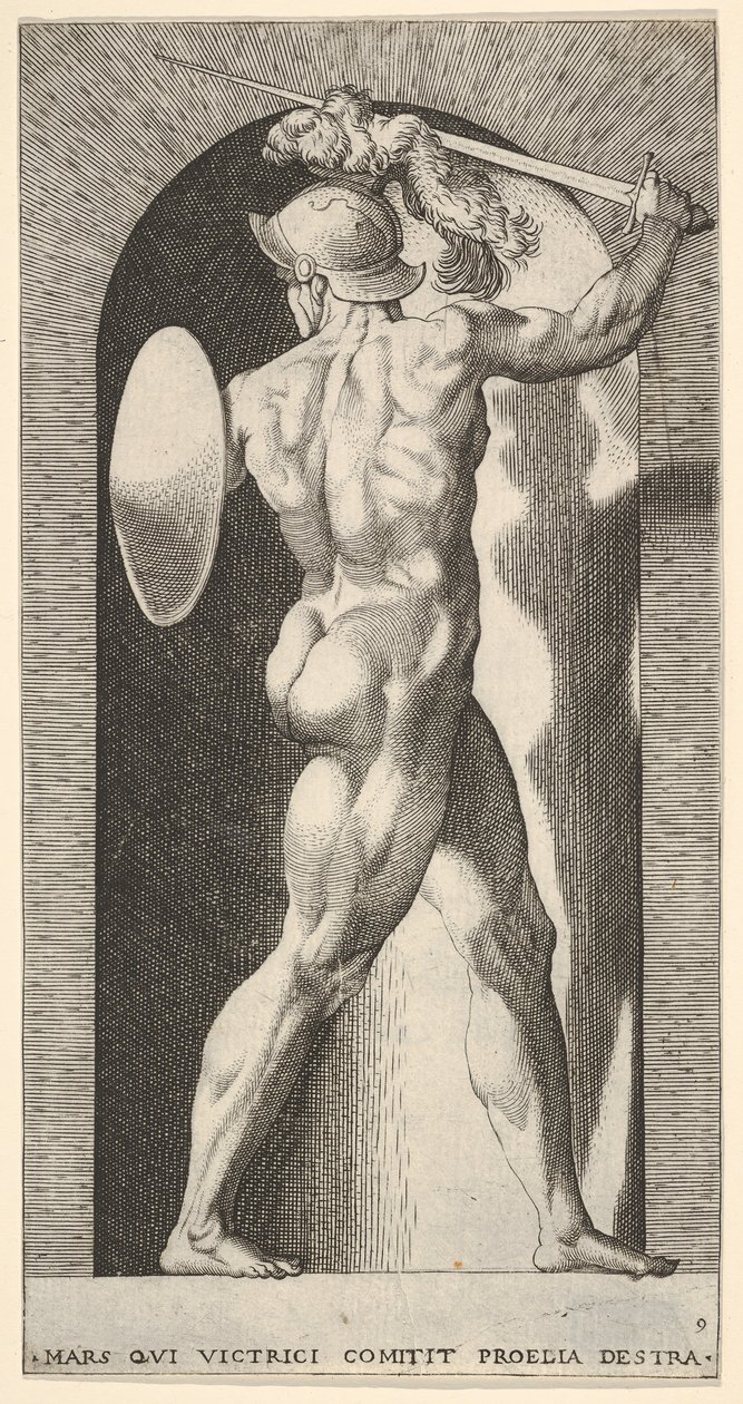 Ilustração 9: Marte em um nicho, segurando uma espada acima da cabeça com o braço direito e um escudo ..., 1526. de Giovanni Jacopo Caraglio