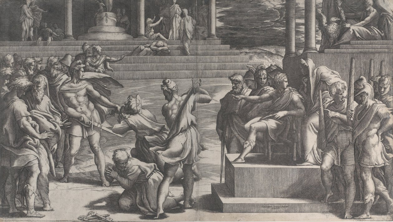 O martírio de São Paulo e a condenação de São Pedro, 1524-27. de Giovanni Jacopo Caraglio