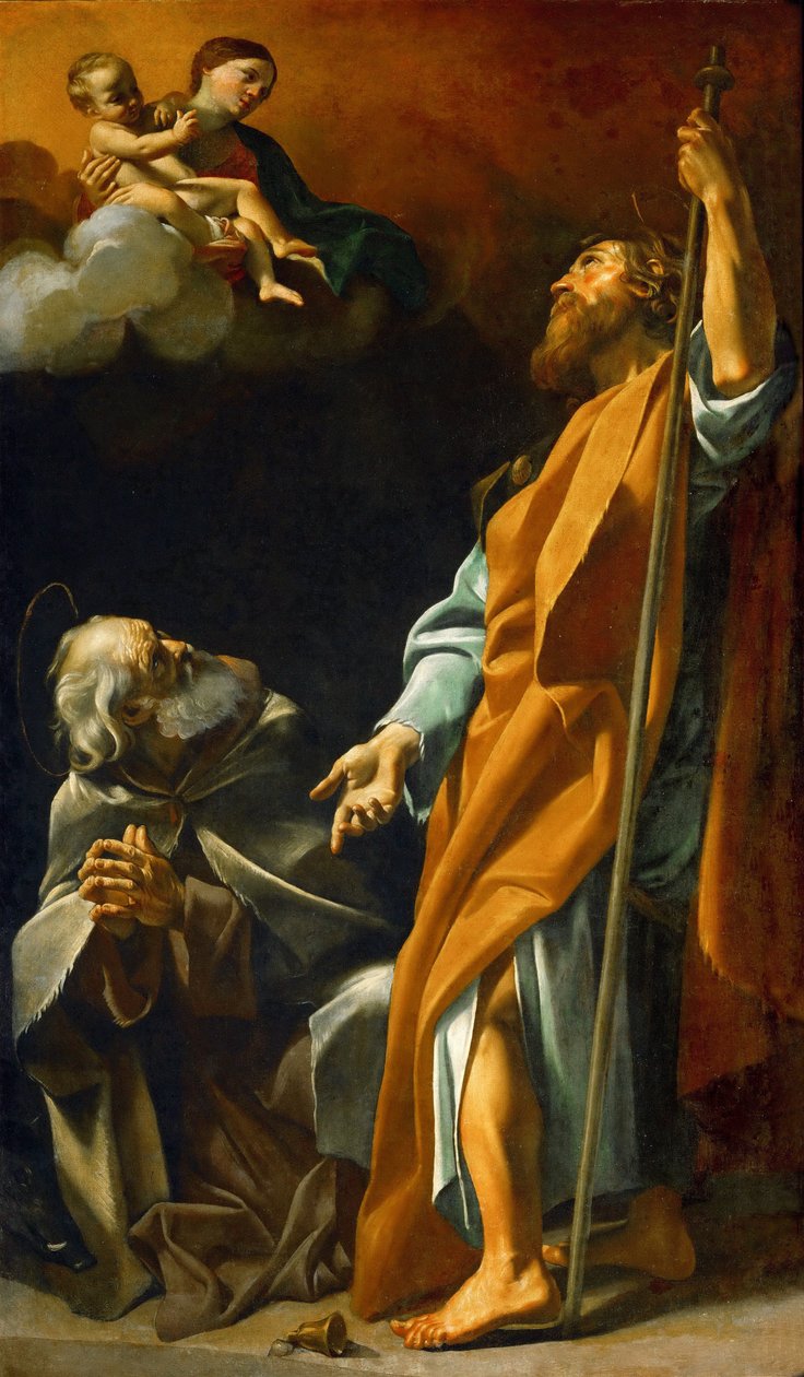 Barroco : La Vierge Marie apparait a Saint Jacques et Saint Antoine abbe - Virgem Maria aparece aos Santos Tiago e Anthony Abbas par Lanfranco, Giovanni (1582-1647), c. 1622. Óleo sobre tela, 220x127,5. Museu de História da Arte, Vienne de Giovanni Lanfranco