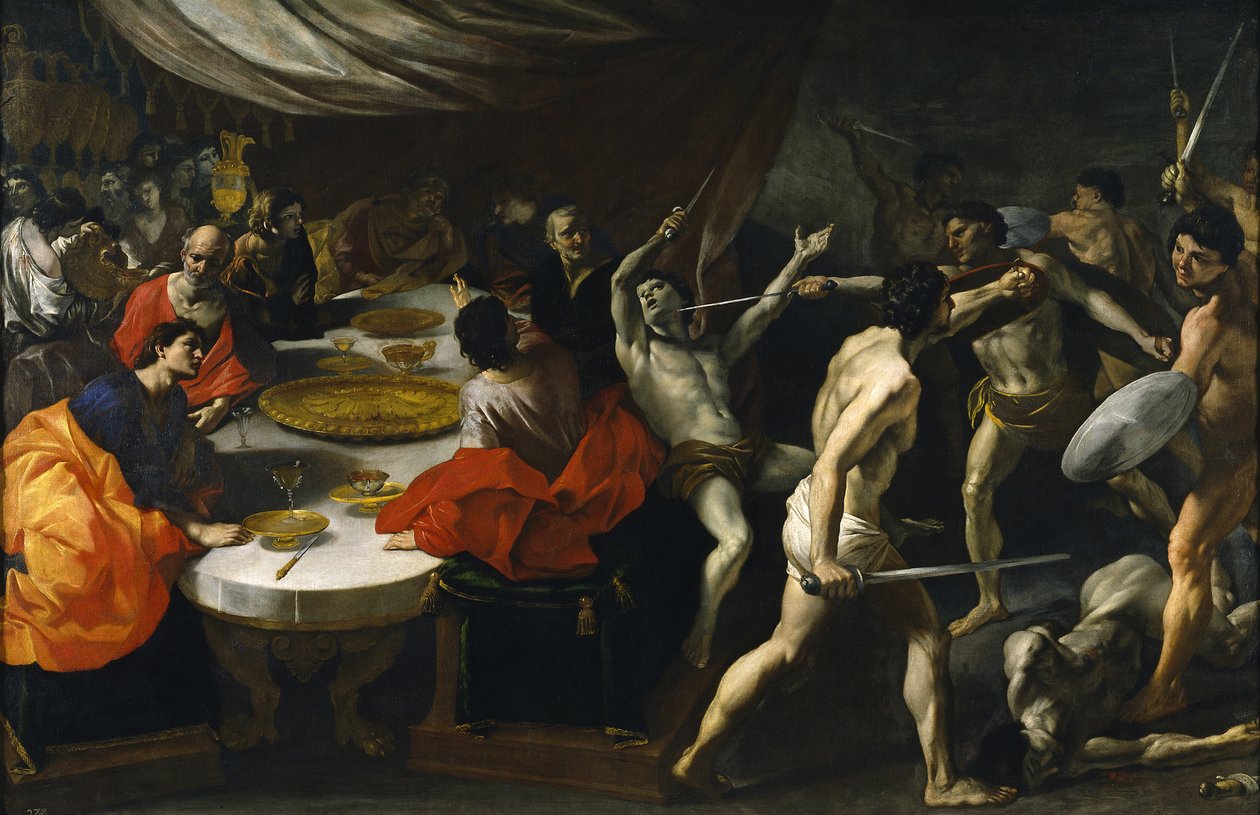 Gladiador luta em um banquete de Giovanni Lanfranco