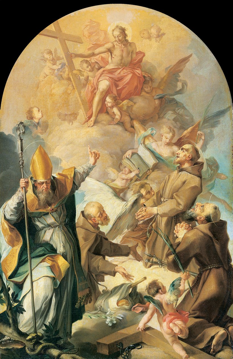 Três santos capuchinhos e um bispo adorando Cristo e a cruz de Giovanni Lanfranco