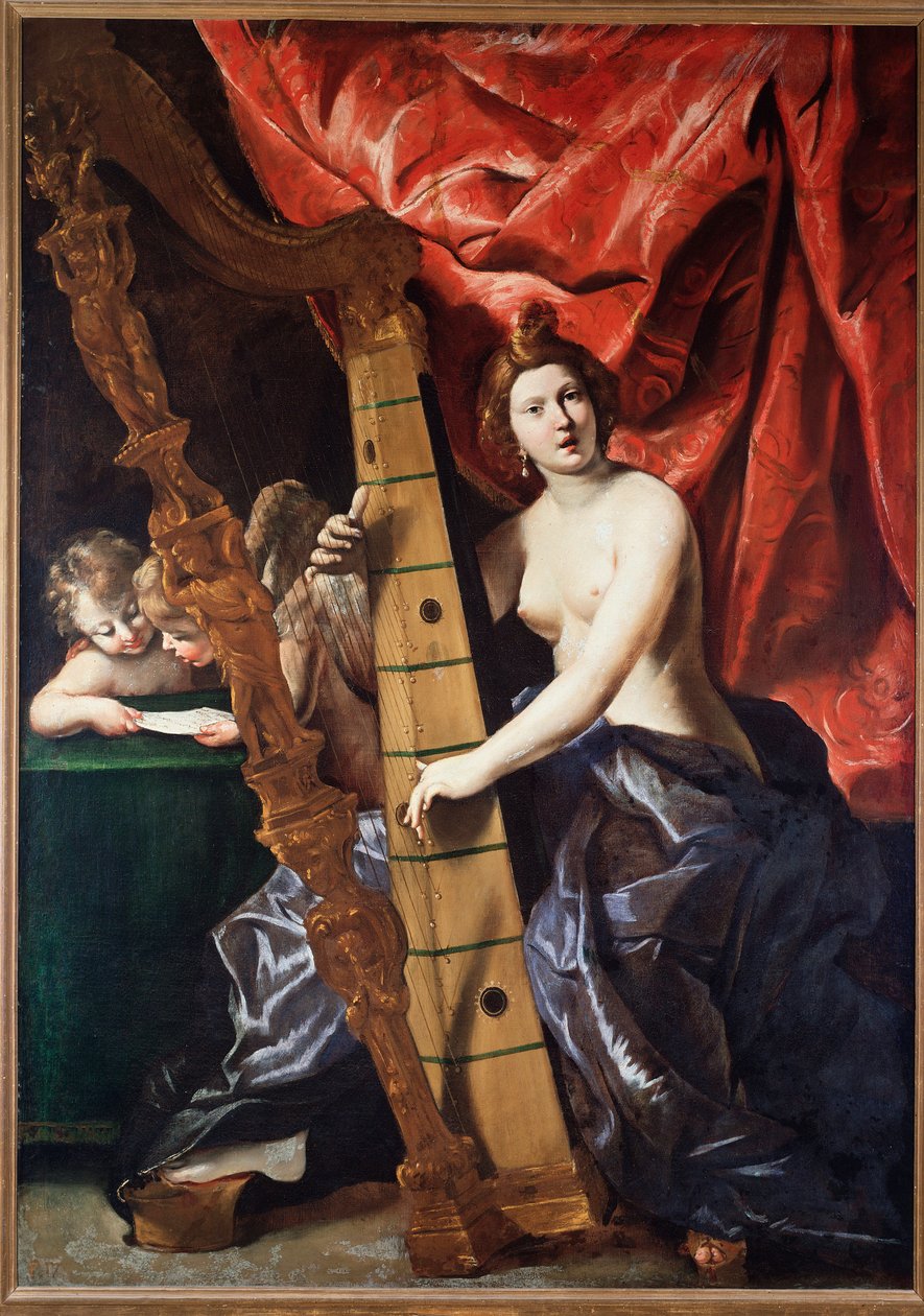 Música feminina tocando harpa (Alegoria da Música). (Pintura de Giovanni Lanfranco