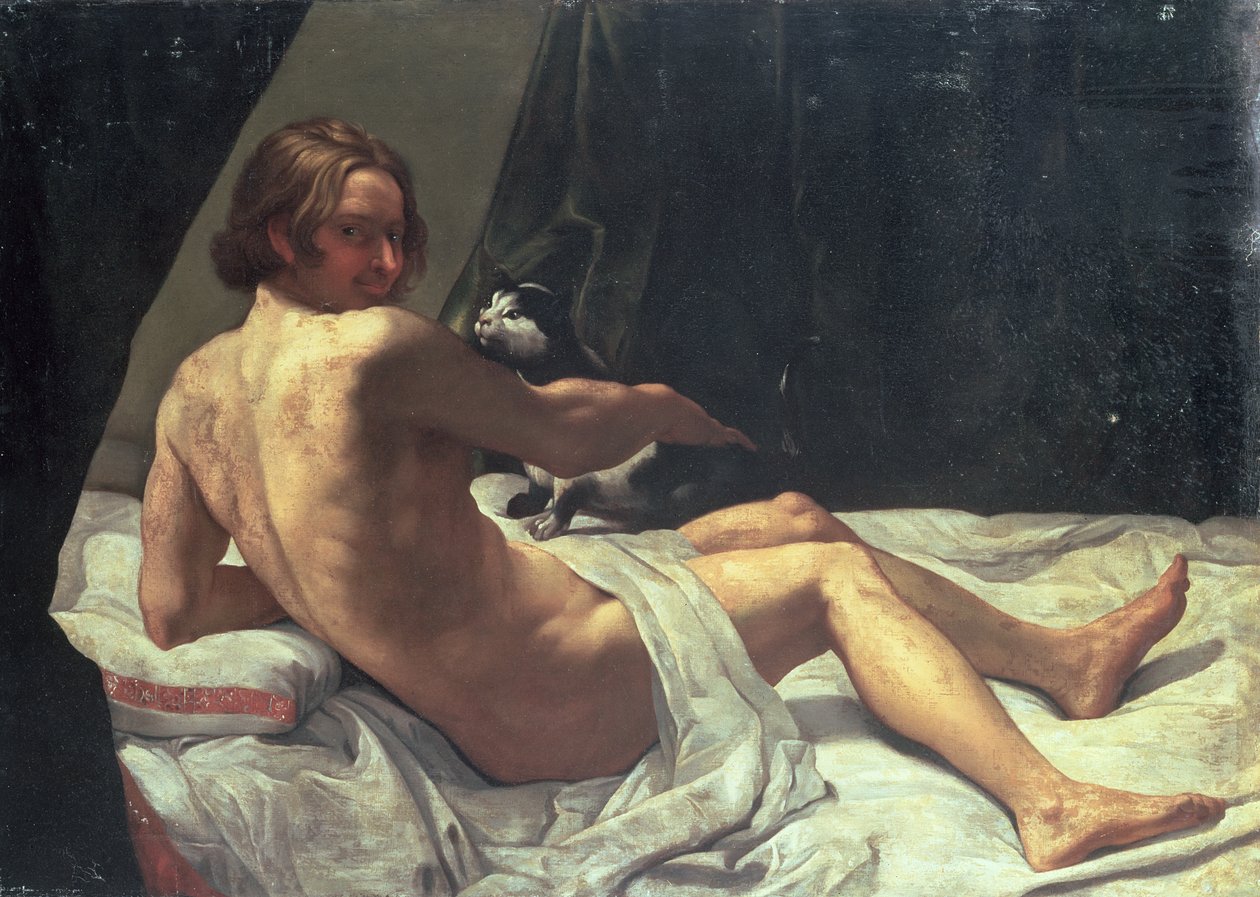 Jovem, deitado em uma cama com um gato, 1620 de Giovanni Lanfranco