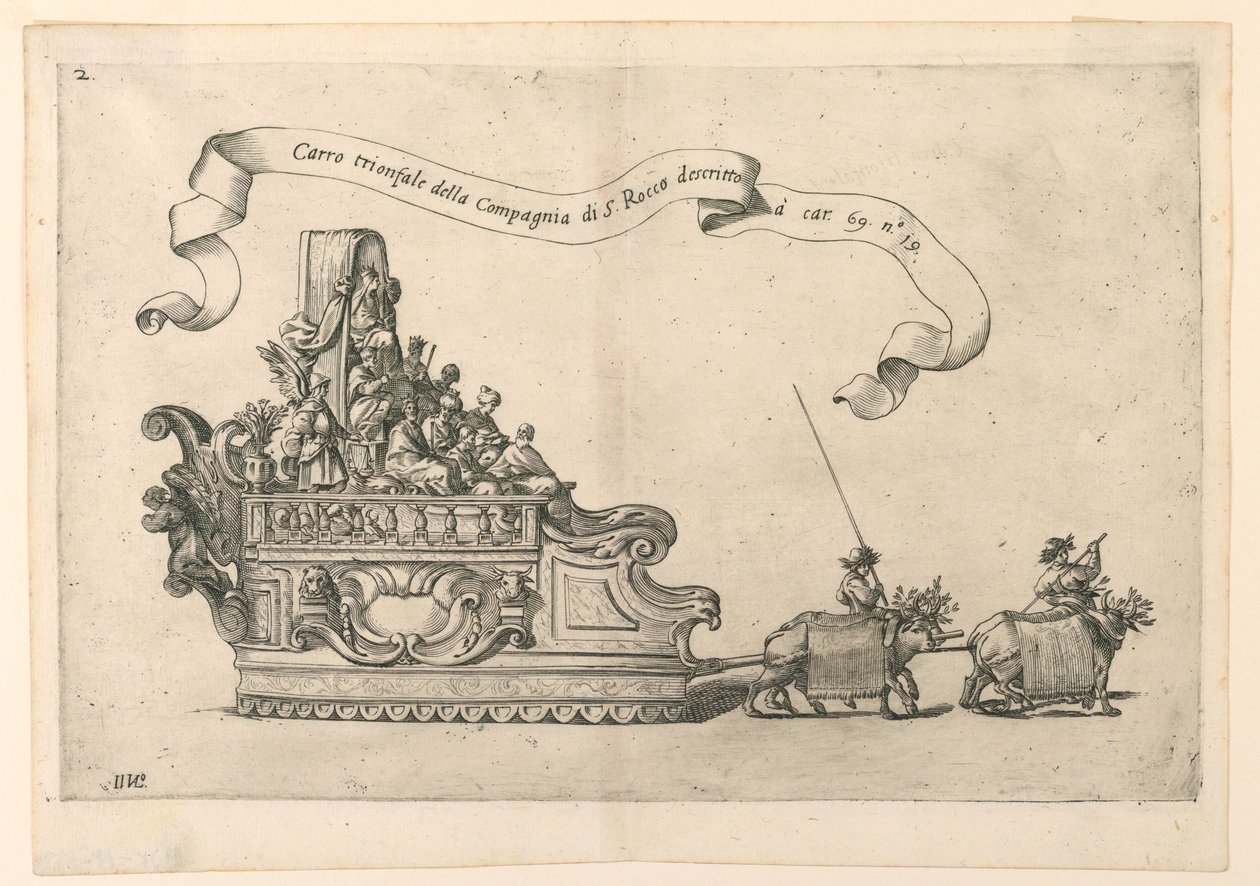 Um carro alegórico de desfile em Reggio, Itália: "A carruagem triunfal da Companhia de São Roque". Placa 2b de A. Isacchi, "Relação de Alfonso Isachi sobre a origem, solenidade, tradução e milagres da Madonna de Giovanni Luigi Valesio