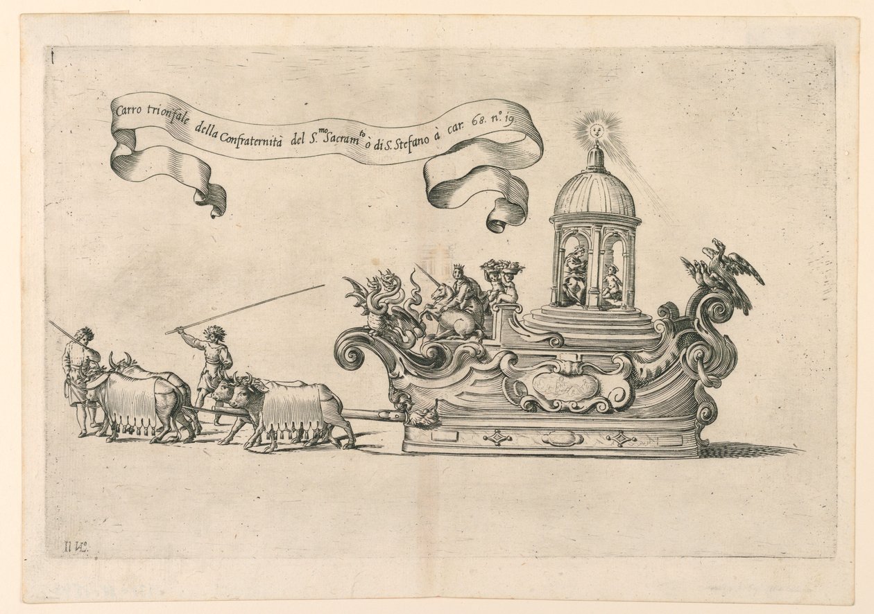 Um carro alegórico em Reggio, Itália: "A Carruagem Triunfal da Confraria do Santíssimo Sacramento de Santo Estêvão". Placa 2a de A. Isacchi, "Relação de Alfonso Isachi em torno do ou de Giovanni Luigi Valesio