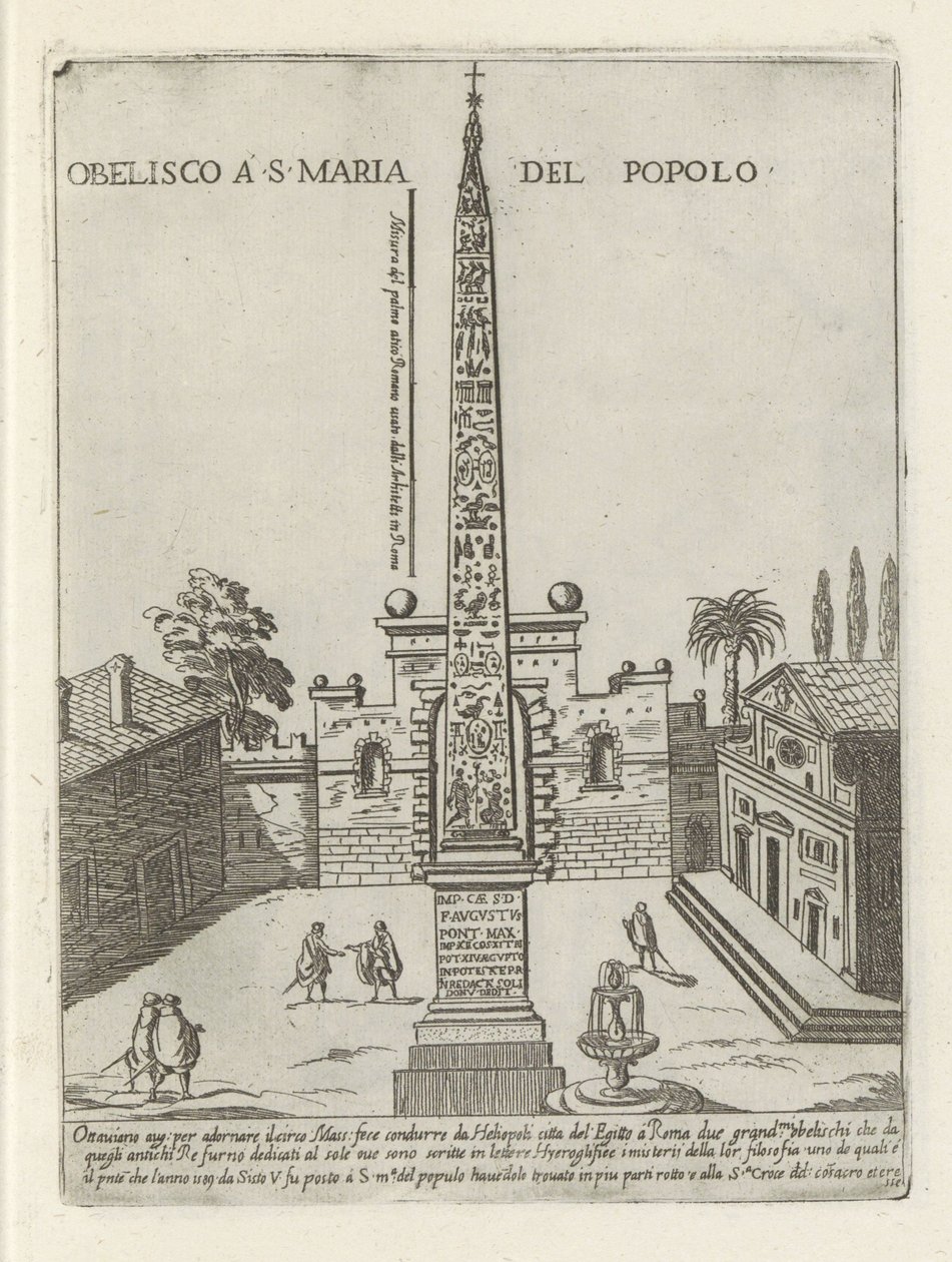 De Egyptische obelisk van Ramses II op Piazza del Popolo te Rome
Obelisco em S. Maria del Popolo (título sobre o objecto)
Moderne en antieke monumenten en bouwwerken in Rome (título da série)
Ornamenti di fabriche antichi et moderni dell