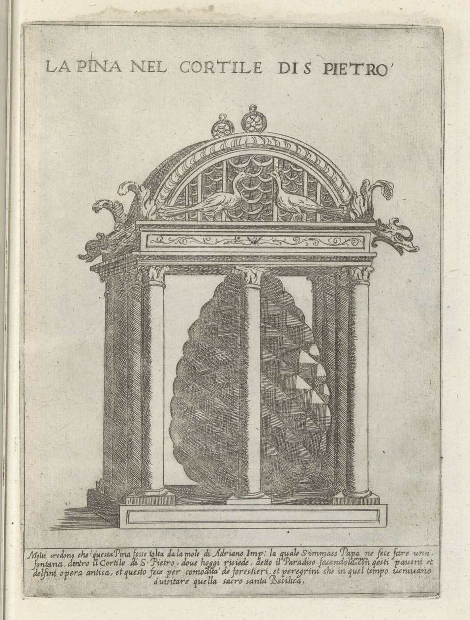 De Pigna te Vaticaanstand La Pina no Cortile di S. Pietro (título no objeto) Moderne en antieke monumenten en bouwwerken in Rome (título da série) Ornamentos de edifícios antigos e modernos da cidade alma de Roma (título da série) de Giovanni Maggi