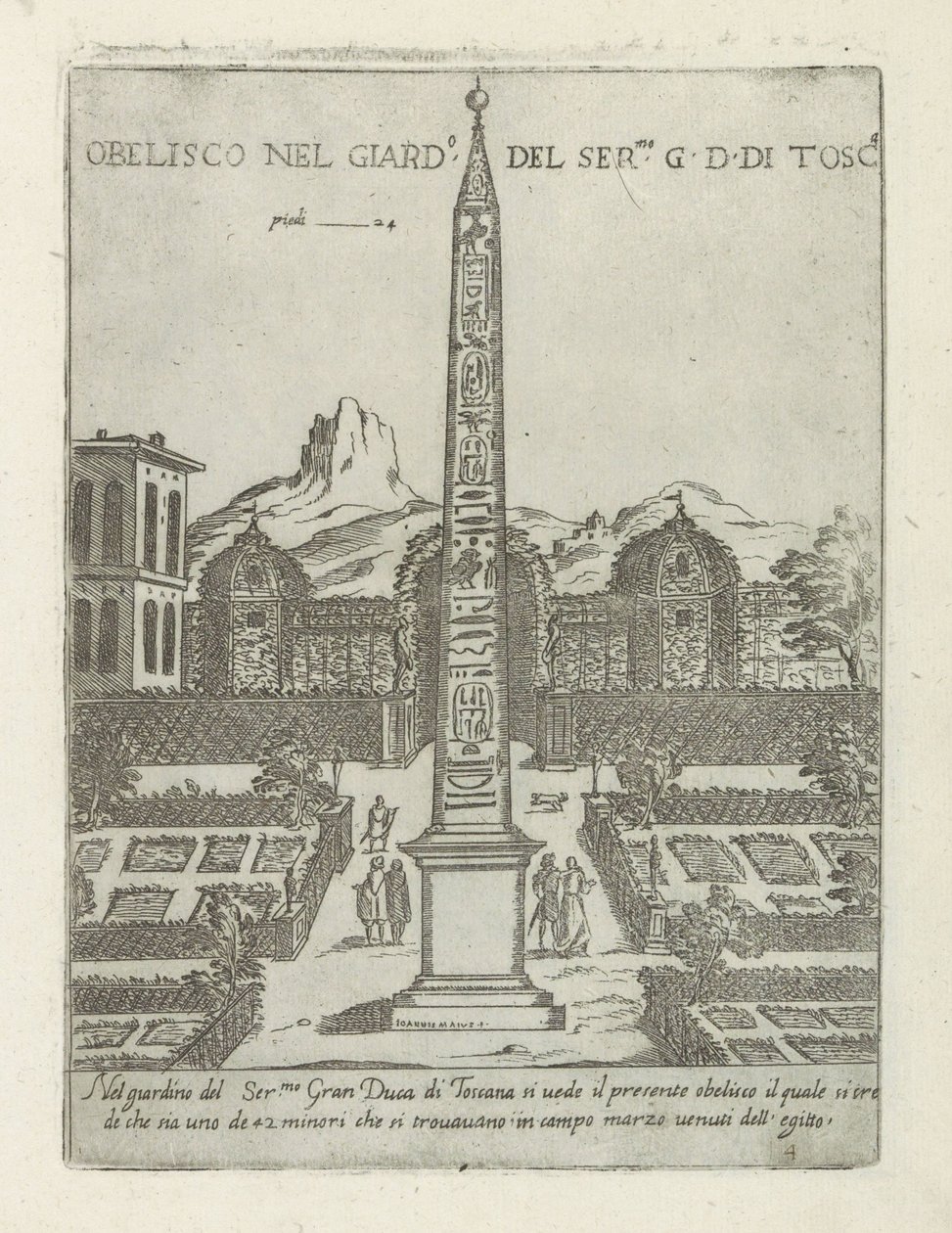 Obelisco egípcio no jardim da Villa Medici em Roma Obelisco nel giard.o del ser.mo G. D. Di Tosc.a (título no objeto) Monumentos e edifícios modernos e antigos em Roma (título da série) Ornamenti di fabriche antichi et moderni dell