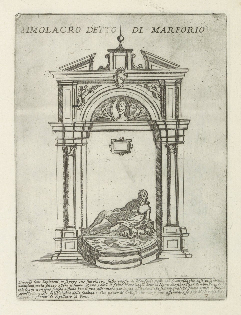 Fonte com a estátua de Marforio Simolacro detto di Marforio (título no objeto) Monumentos e edifícios modernos e antigos em Roma (título da série) Ornamenti di fabriche antichi et moderni dell